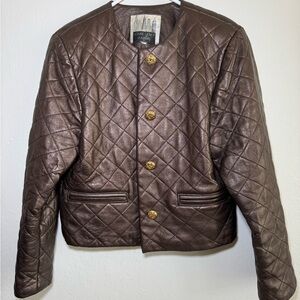Vintage Cropped Brown Leather Jacket Gold Buttons, quilt - Louise Lasky Leathers